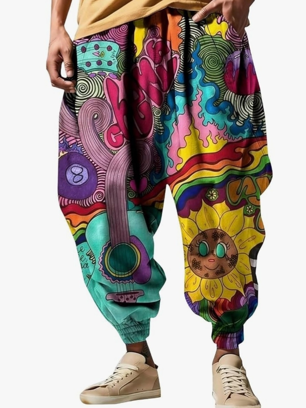 Men's M Multicolor Printed Harem Pants - Vibrant Graffiti Design